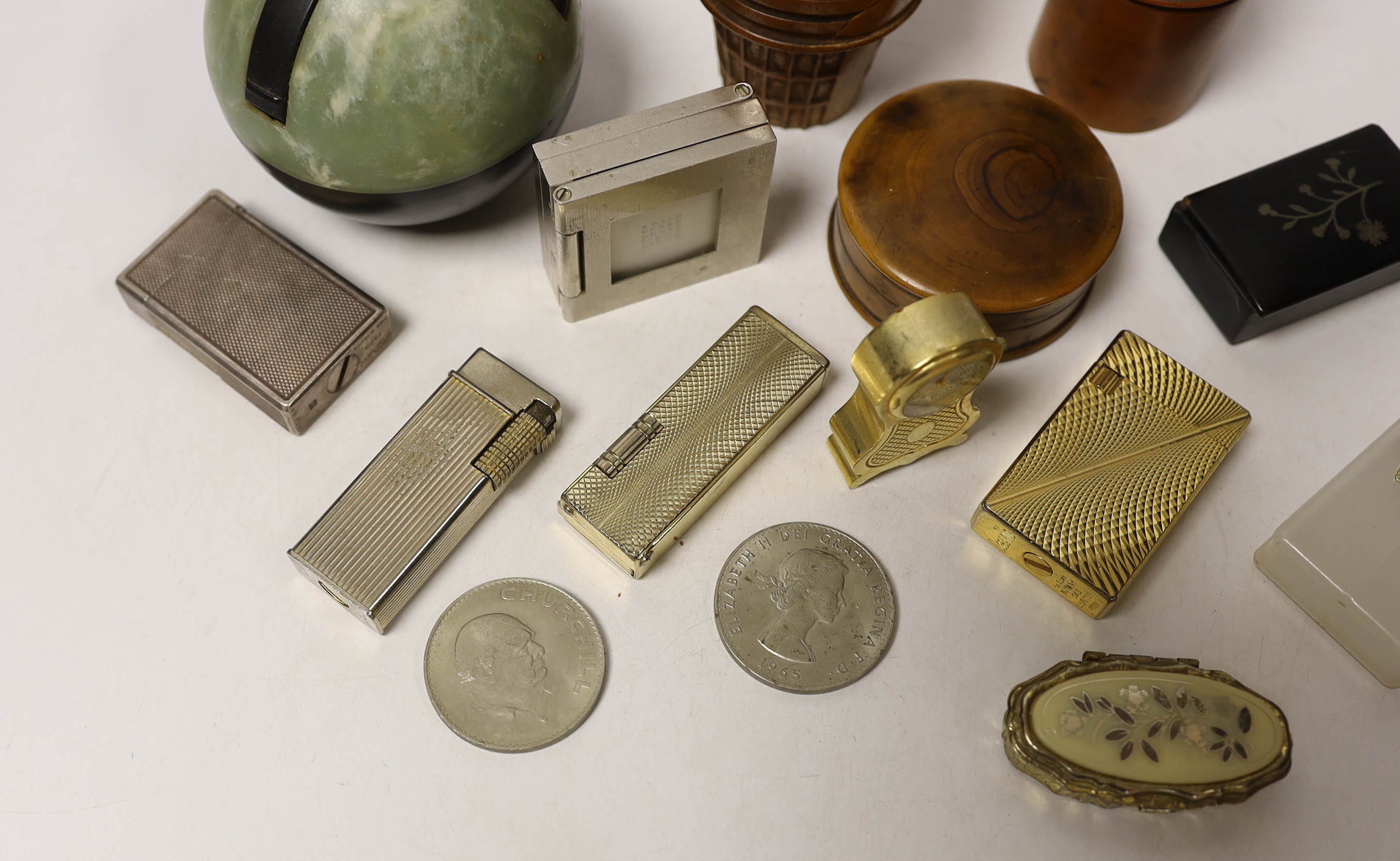 Sundry items including lighters, treen and miniature clocks